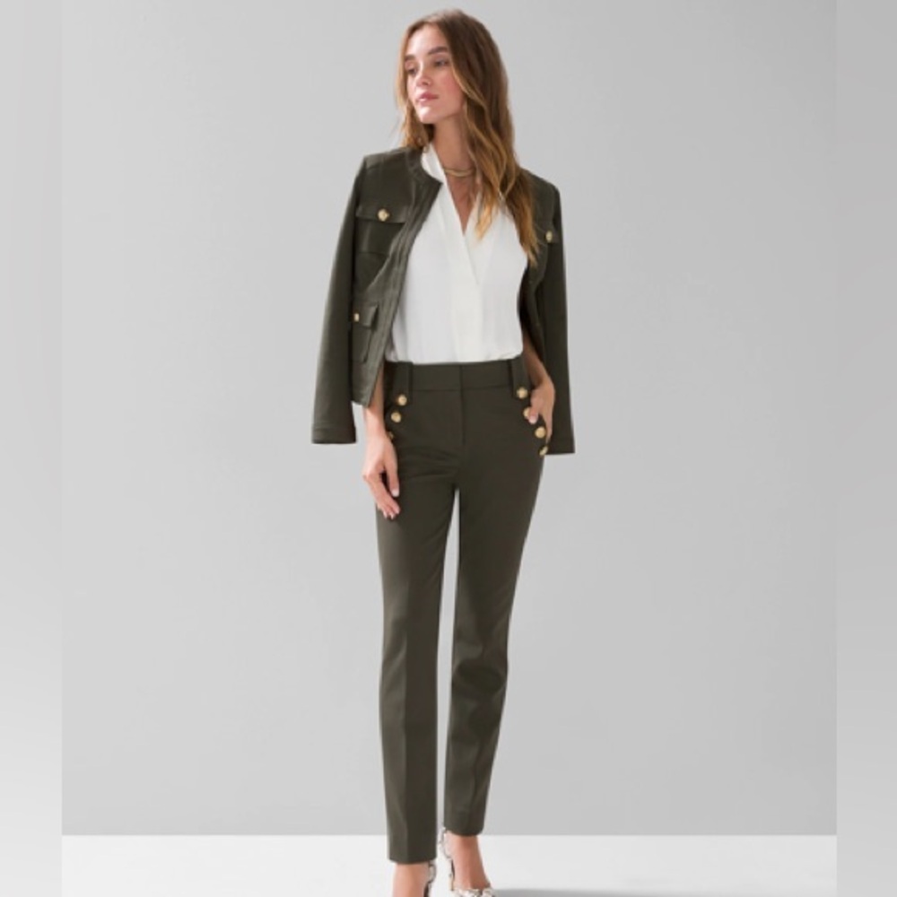 White House Black Market Olive Jolie Button Straight Luxe Stretch Pant Size 8